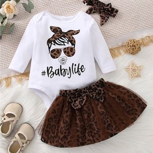 #Babylife 3 piece outfit leopard print onesie skirt headband